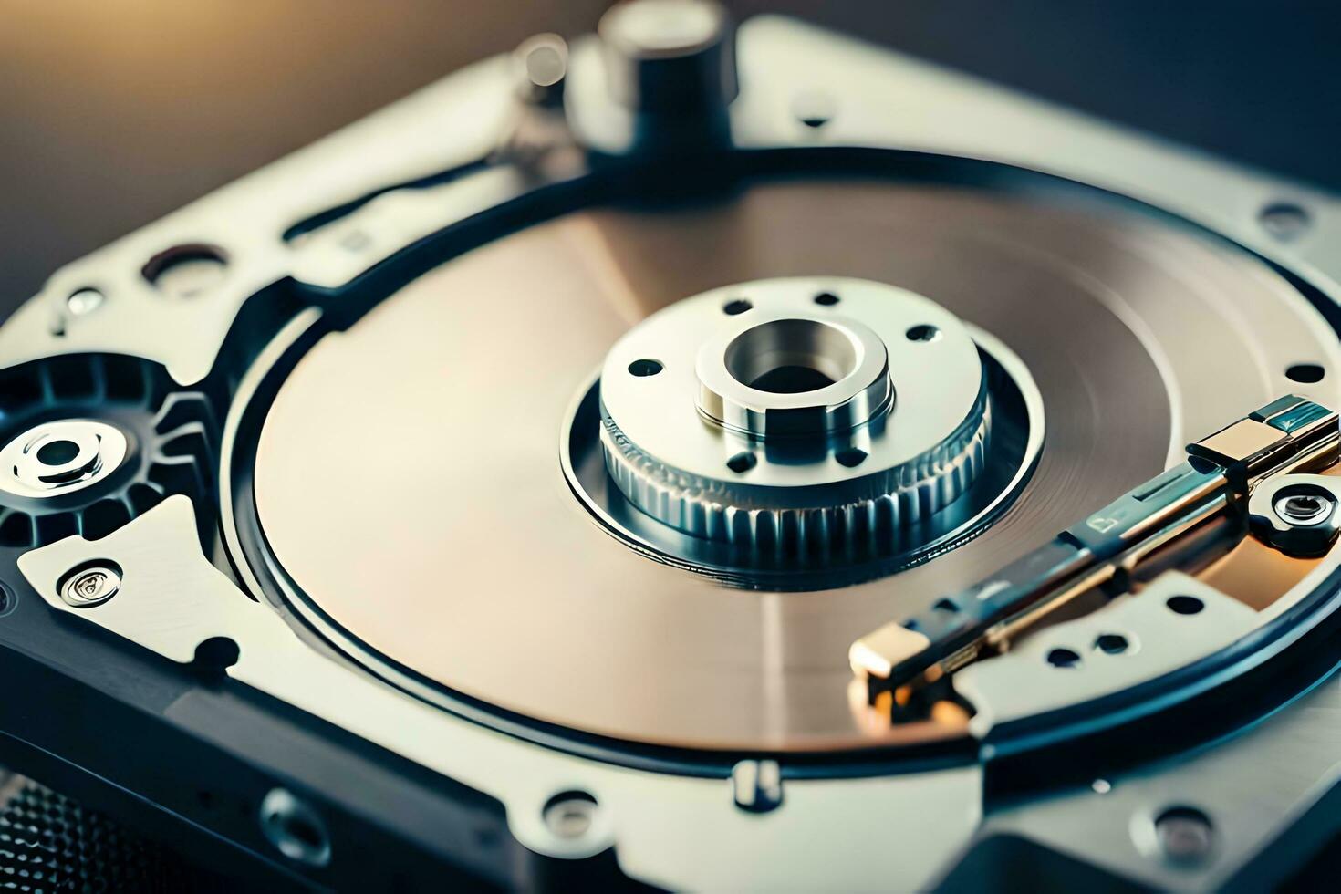 a close up of a hard drive with a metal disk. AI-Generated photo