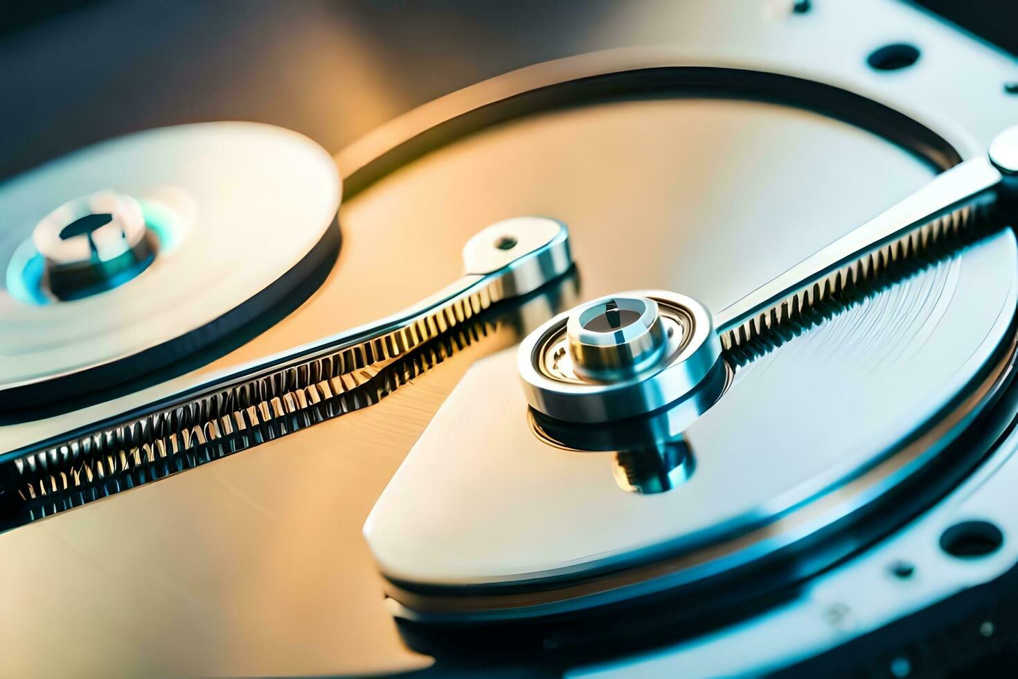 a close up of a hard drive with two metal disks. AI-Generated photo