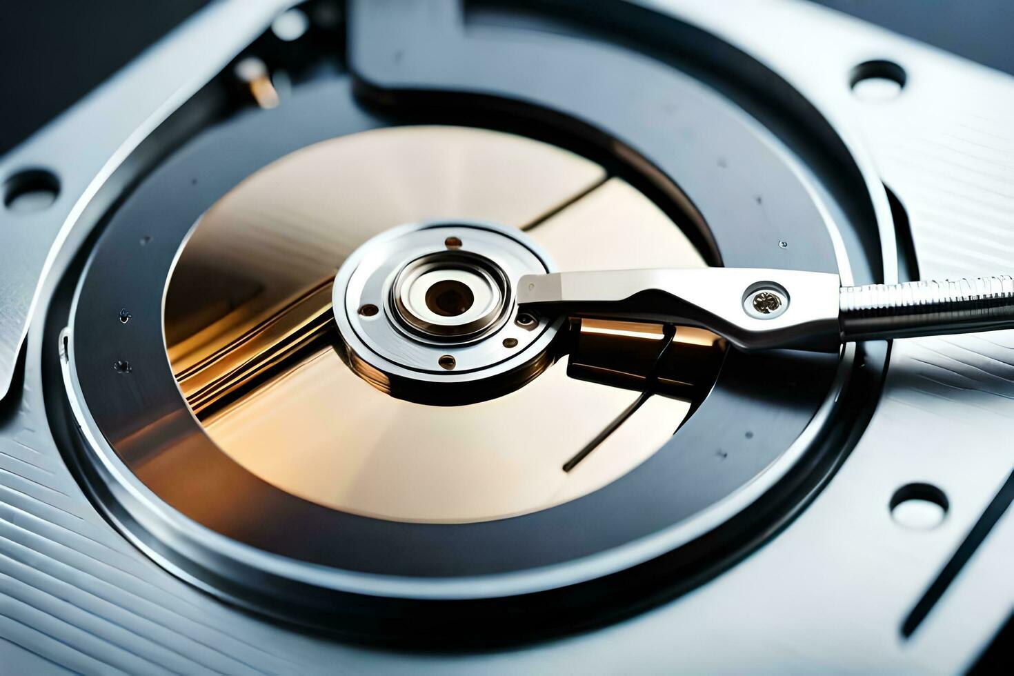 a close up of a disk drive with a metal disk. AI-Generated photo