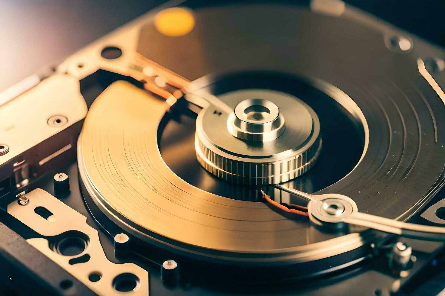 a close up of a hard drive with a metal disk. AI-Generated photo