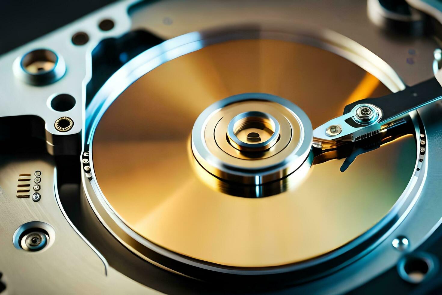 a close up of a hard drive with a metal disk. AI-Generated photo