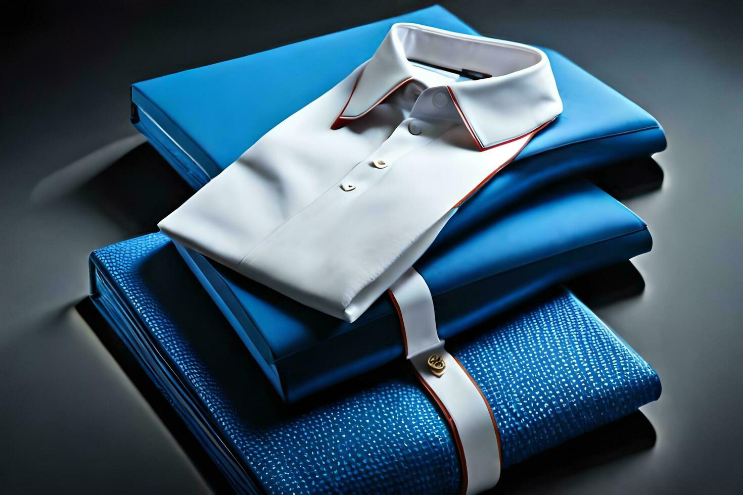 a blue shirt and white collar are folded on top of each other. AI-Generated photo