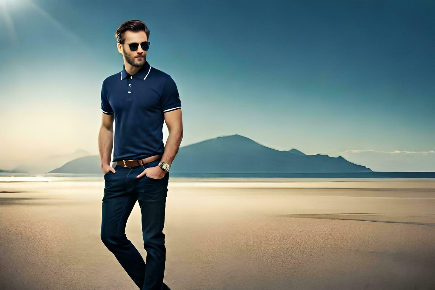 a man in sunglasses and a polo shirt standing on the beach. AI-Generated photo