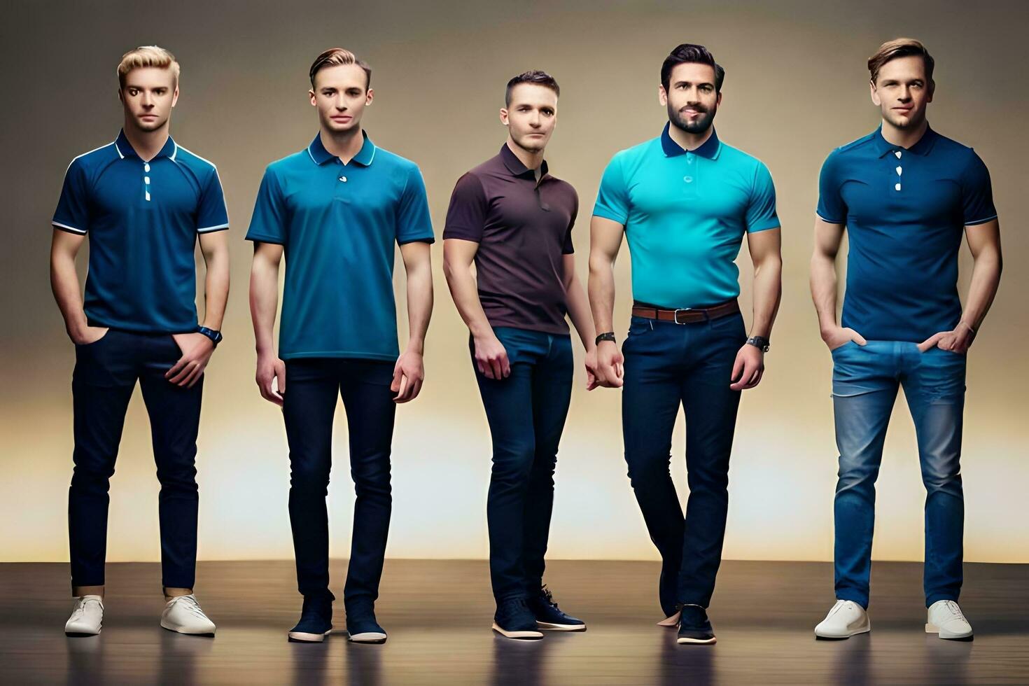 five men in blue polo shirts standing in a row. AI-Generated photo