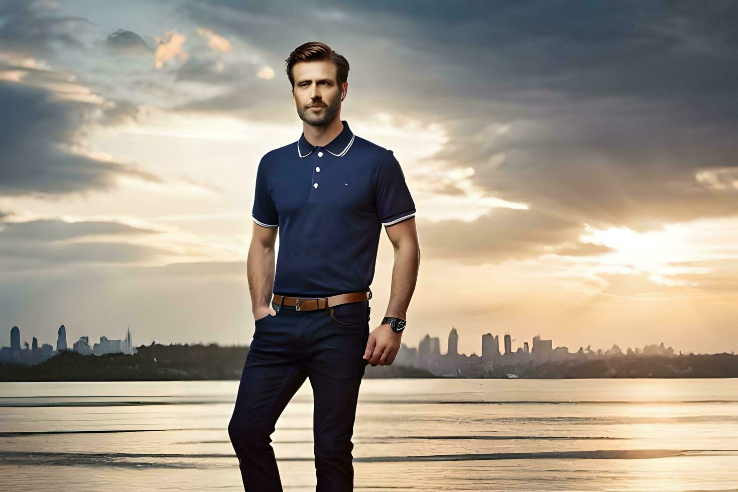 a man in a blue polo shirt standing on a beach. AI-Generated photo