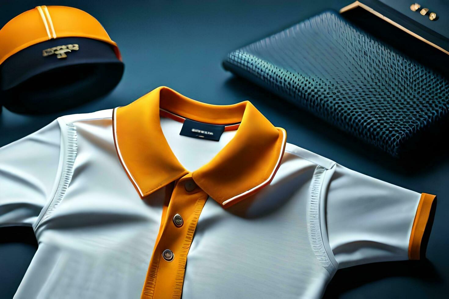 a white shirt, orange collar and black hat. AI-Generated photo