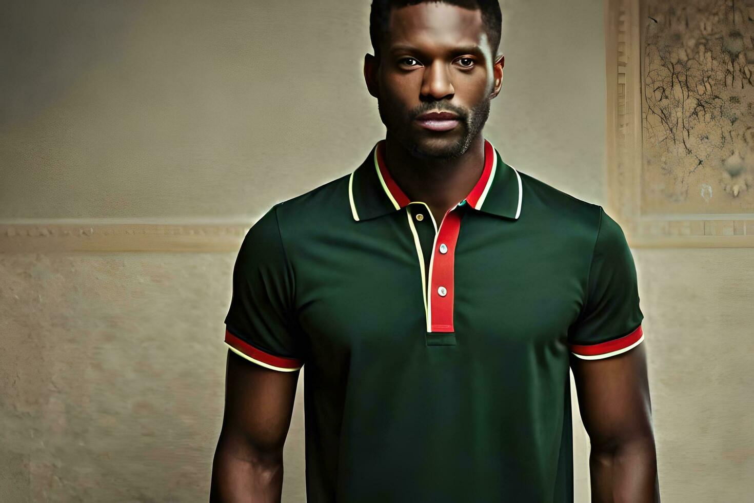 a man in a green polo shirt with red and green trim. AI-Generated photo