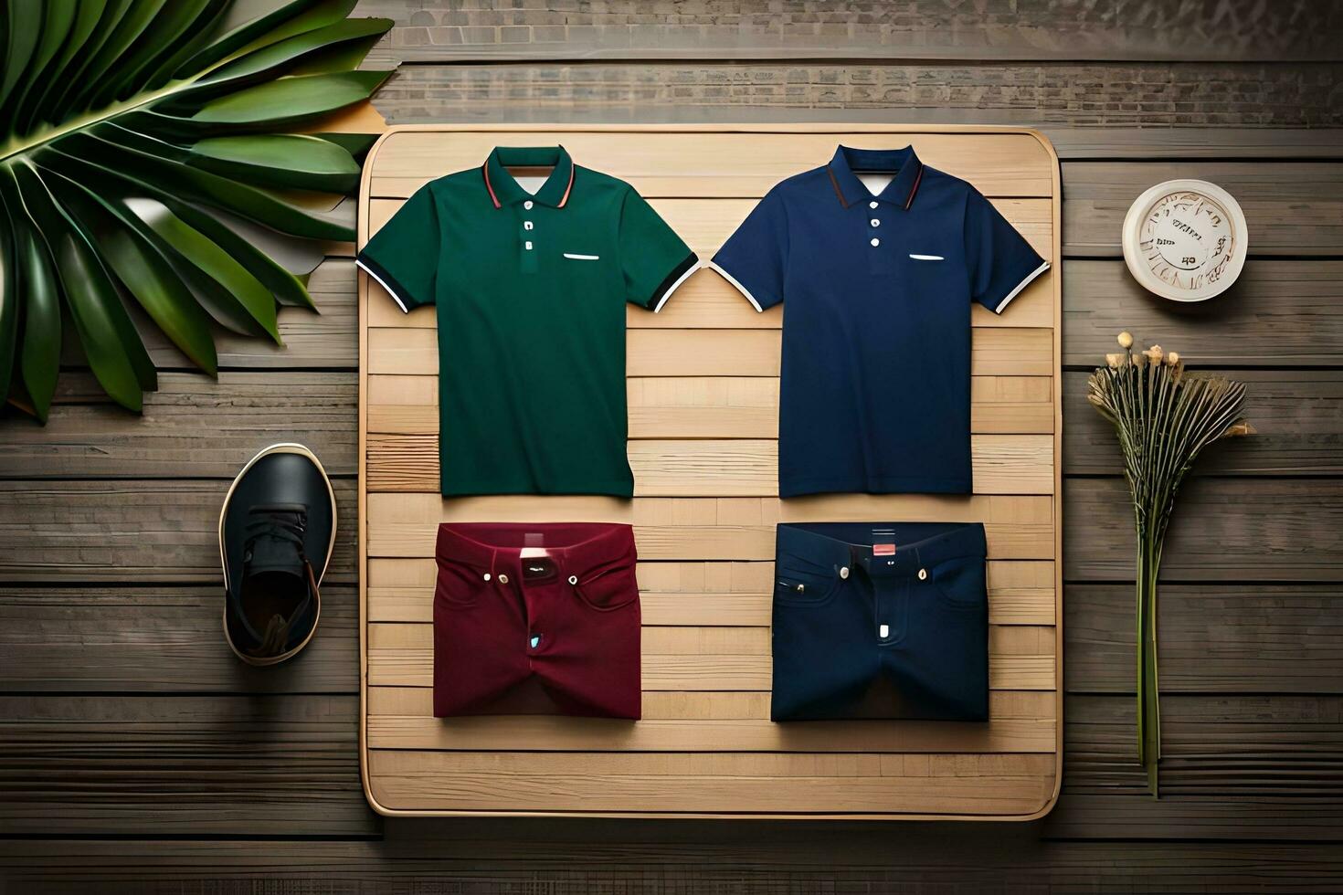three men's polo shirts and shorts on a wooden board. AI-Generated photo