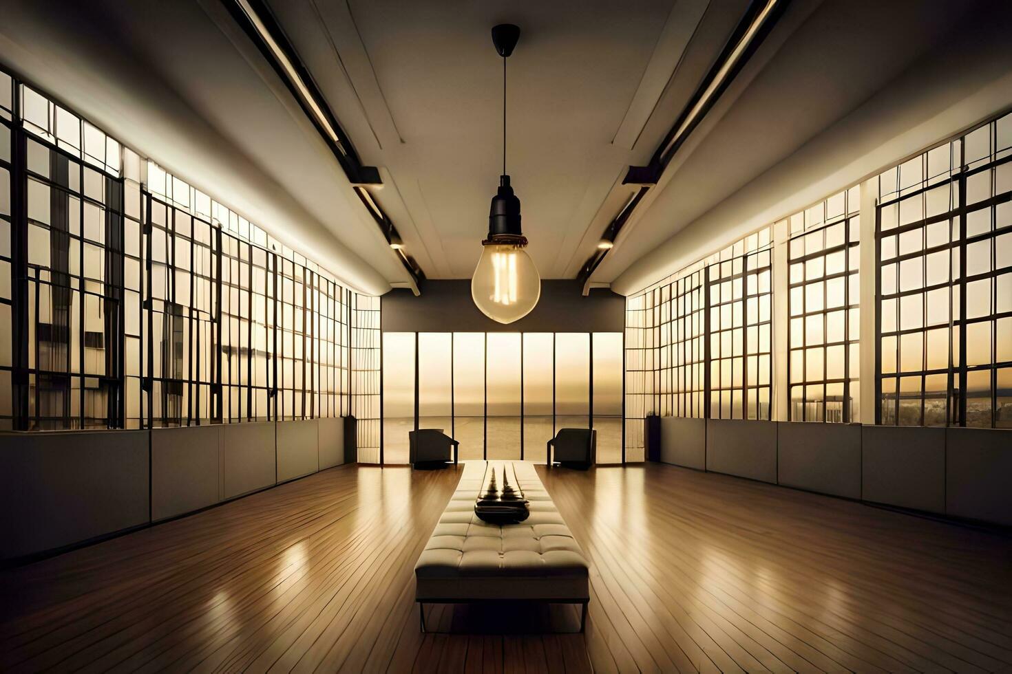 an empty room with a large window and a light bulb. AI-Generated photo