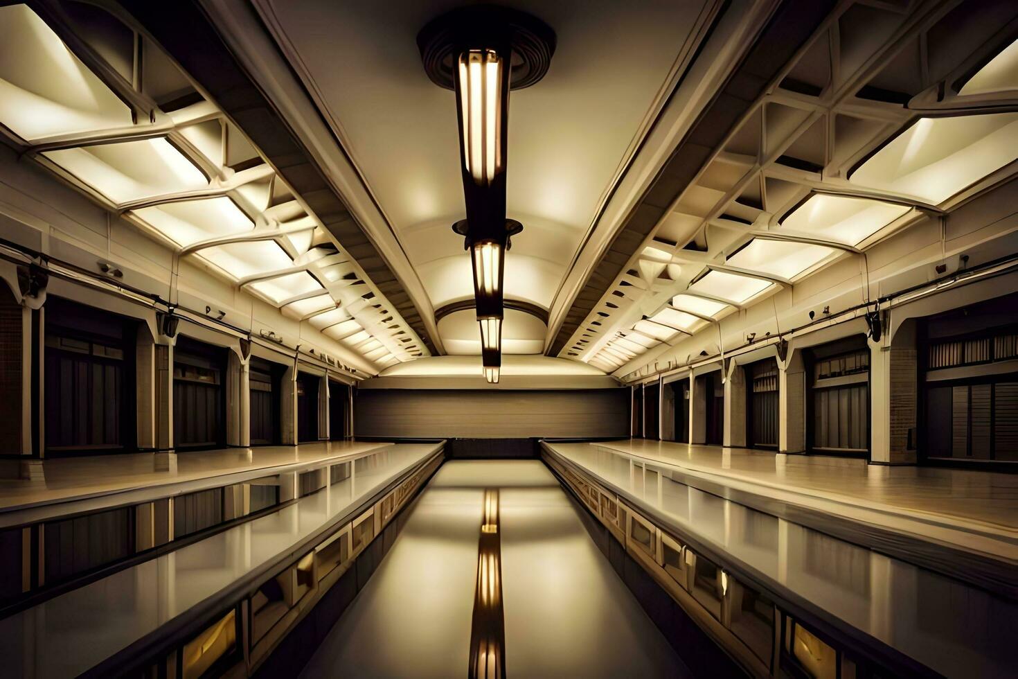 a long hallway with a pool in the middle. AI-Generated photo