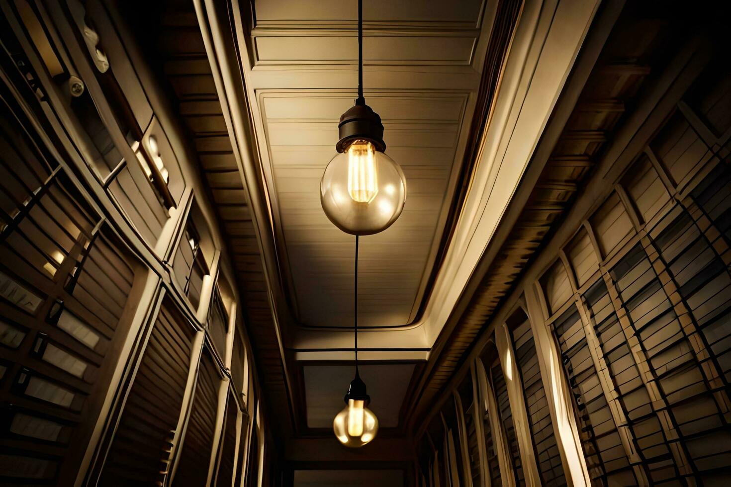 a long hallway with a light bulb hanging from the ceiling. AI-Generated photo