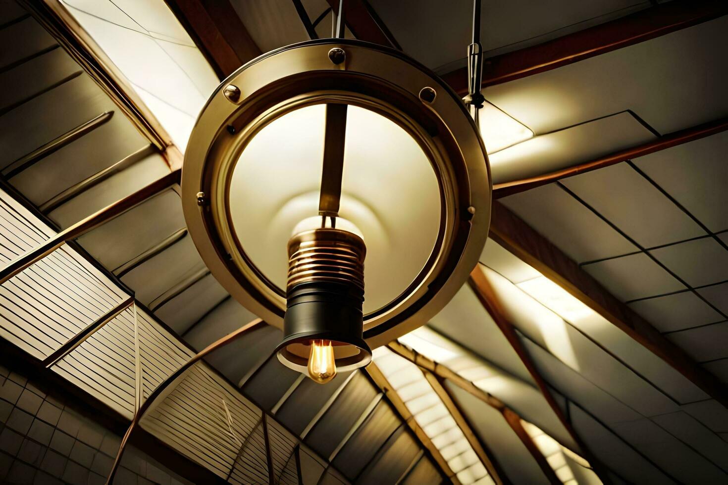 a light fixture hanging from the ceiling in a building. AI-Generated photo