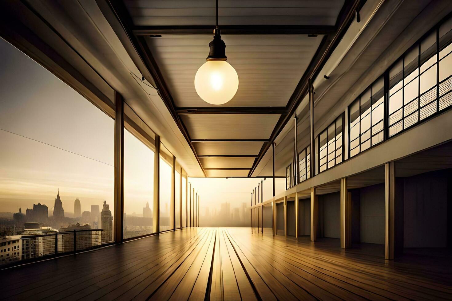 an empty room with a large window and a light bulb. AI-Generated photo