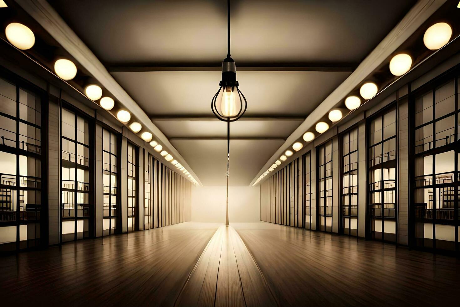 an empty hallway with light bulbs and a light bulb. AI-Generated photo