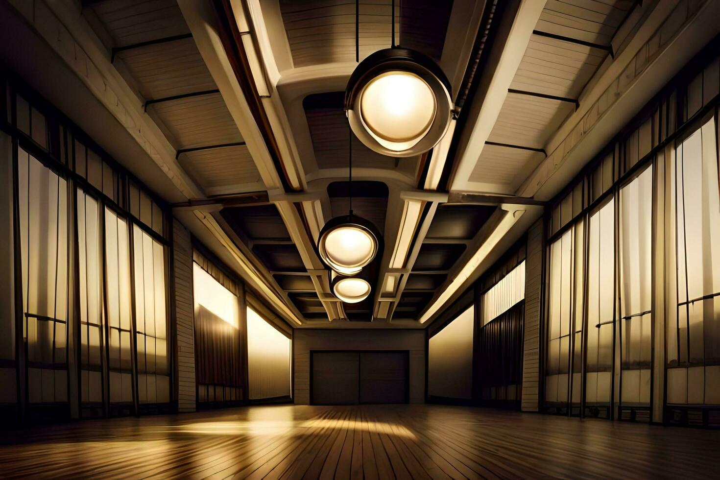 a long hallway with lights and wooden floors. AI-Generated photo