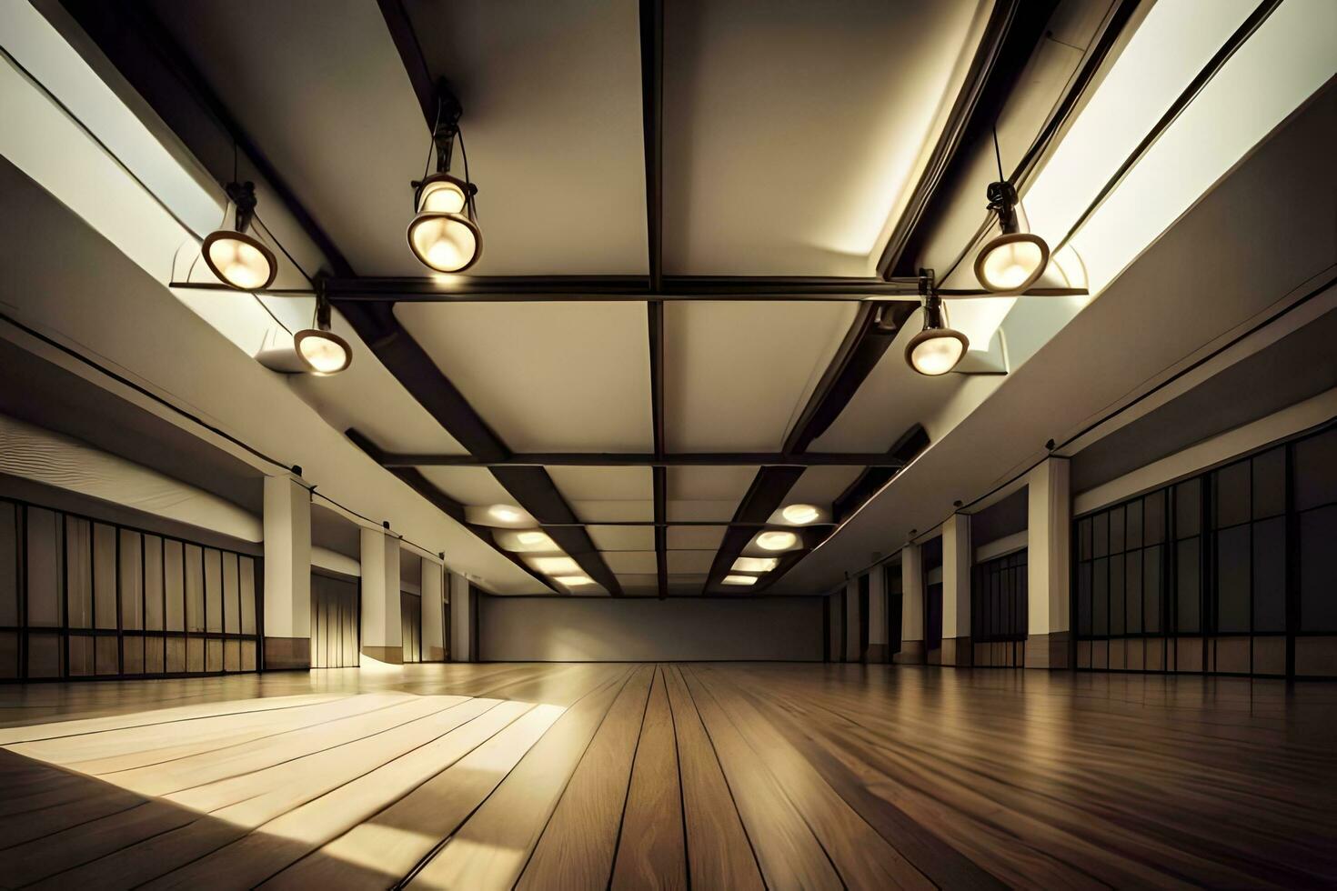 empty room with wooden floors and lights. AI-Generated photo