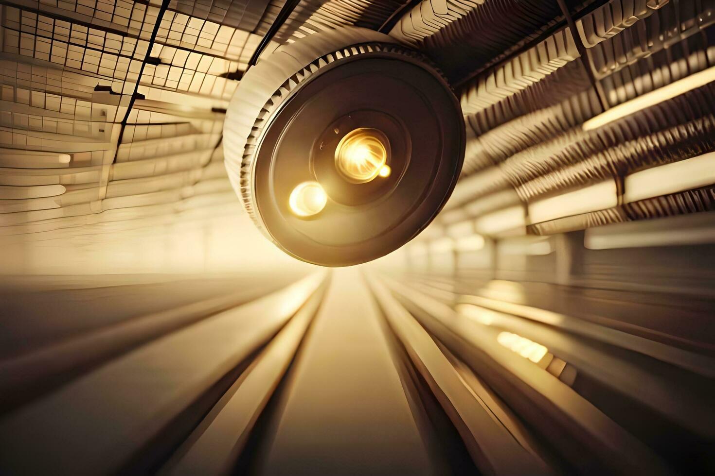 a train moving through a tunnel with a light shining. AI-Generated photo