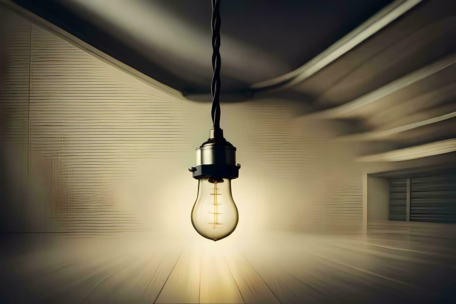 an old light bulb hanging from a ceiling in a room. AI-Generated photo