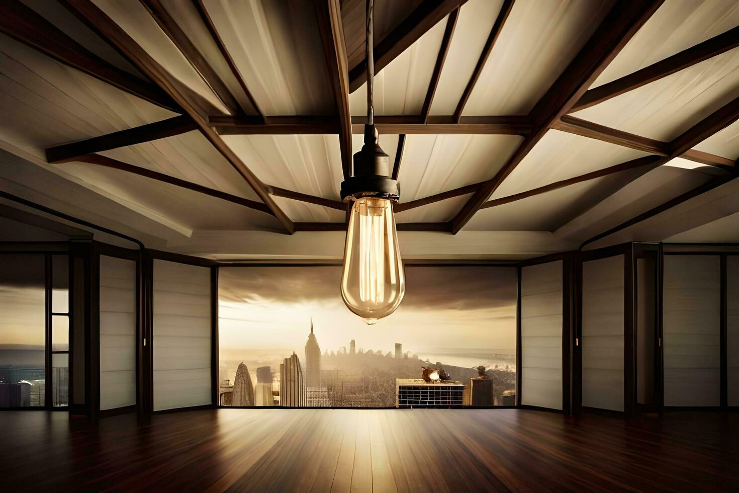 an empty room with a light bulb hanging from the ceiling. AI-Generated photo