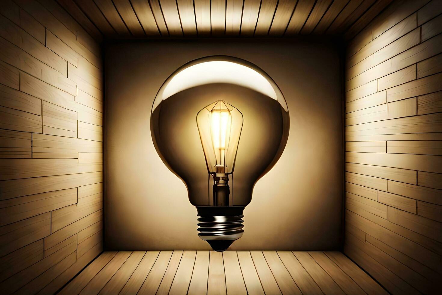 a light bulb in a room with wooden walls. AI-Generated photo