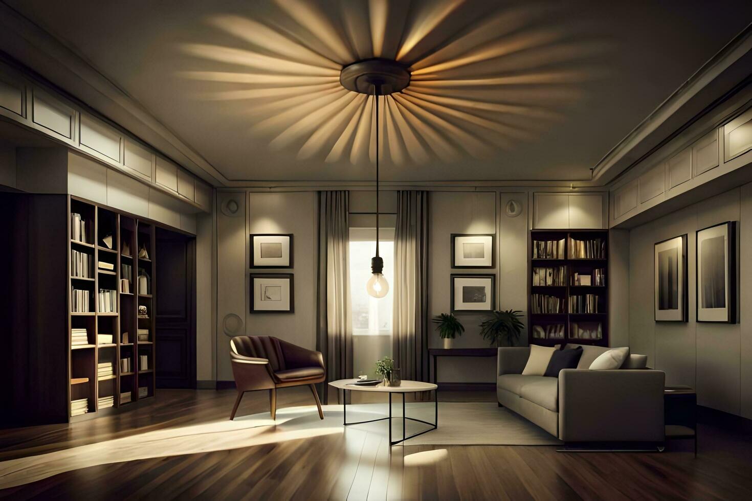 a living room with a large light fixture and a couch. AI-Generated photo