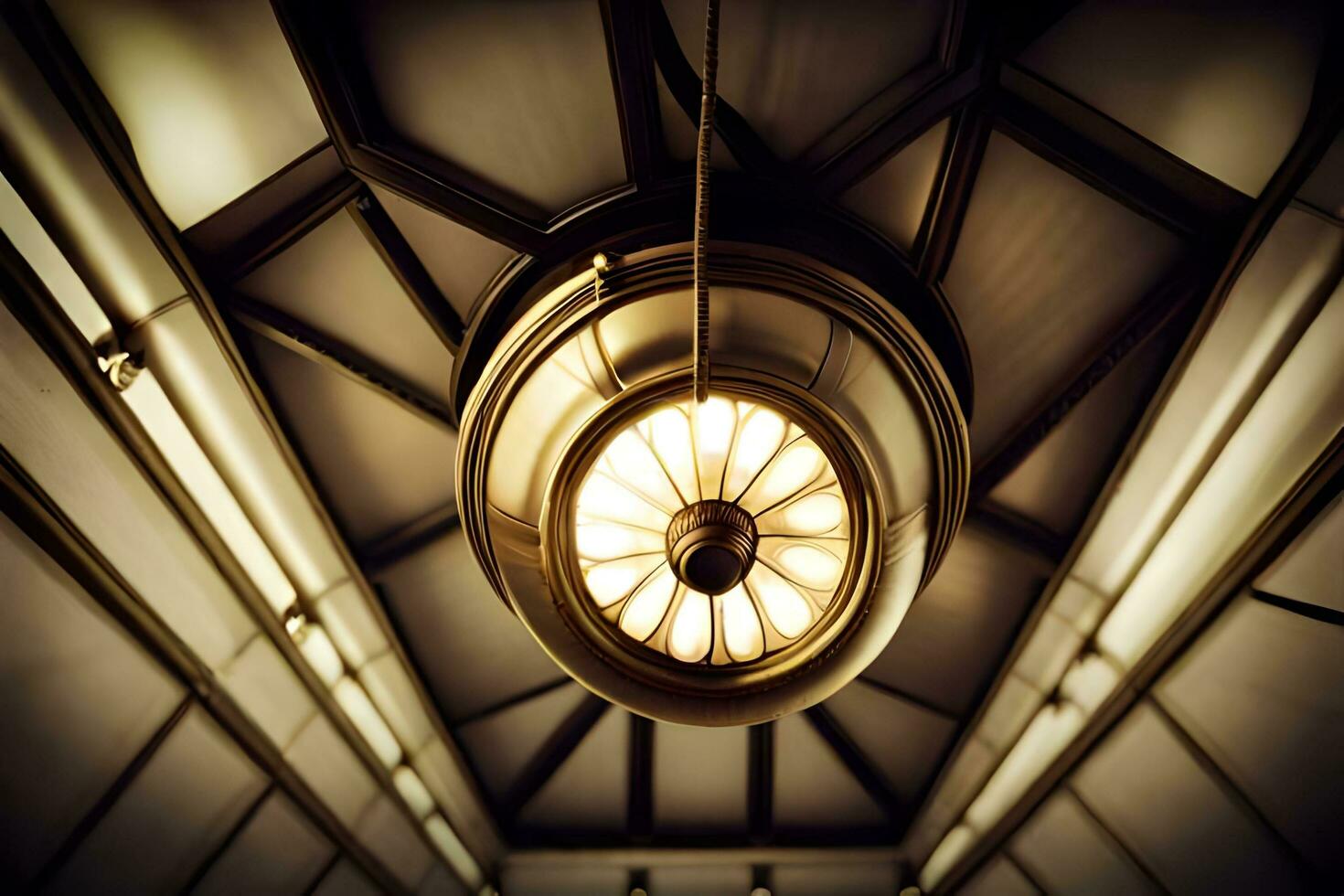 a light fixture in a building with a ceiling. AI-Generated photo