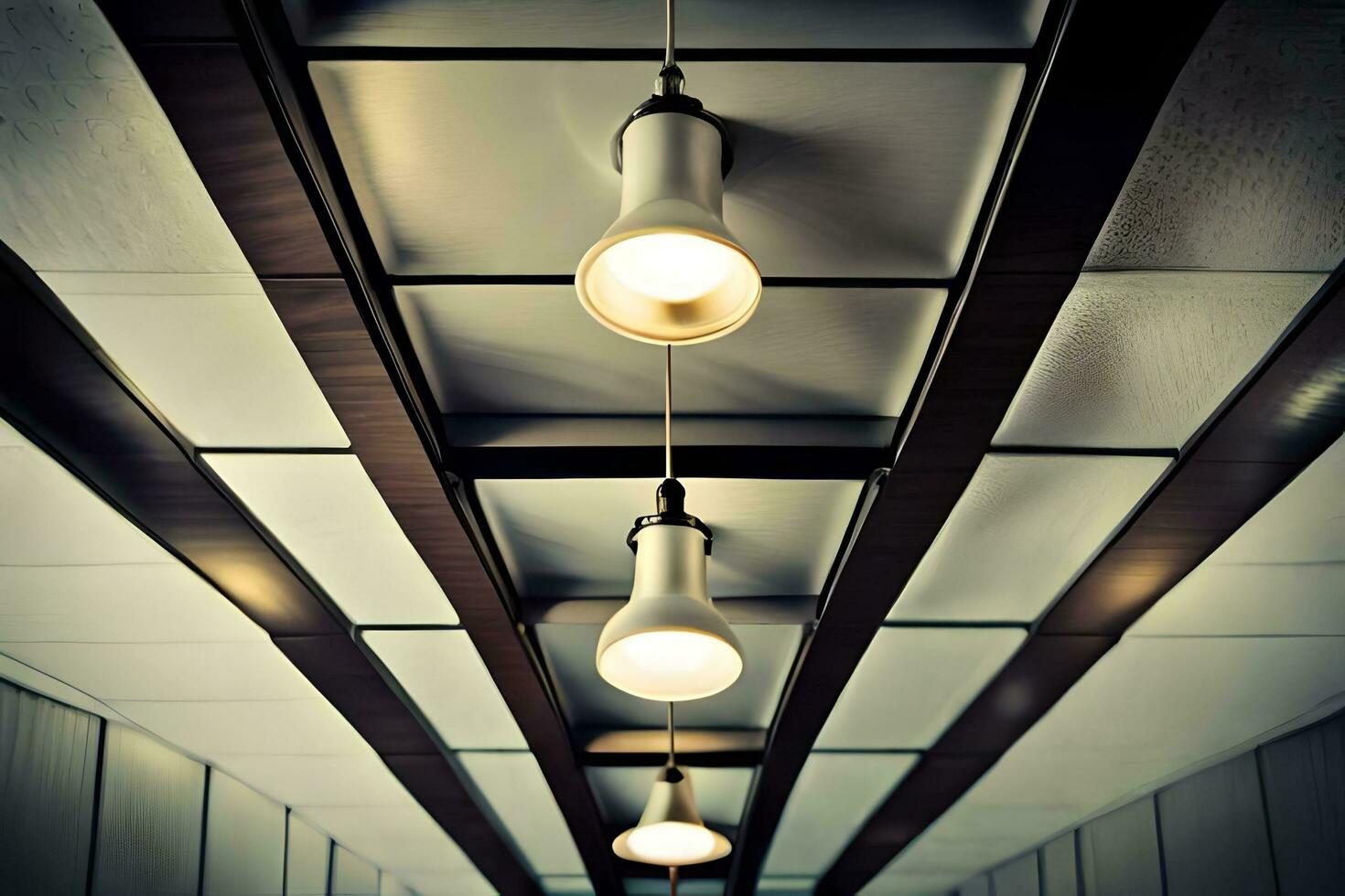 three light bulbs hang from the ceiling of a room. AI-Generated photo