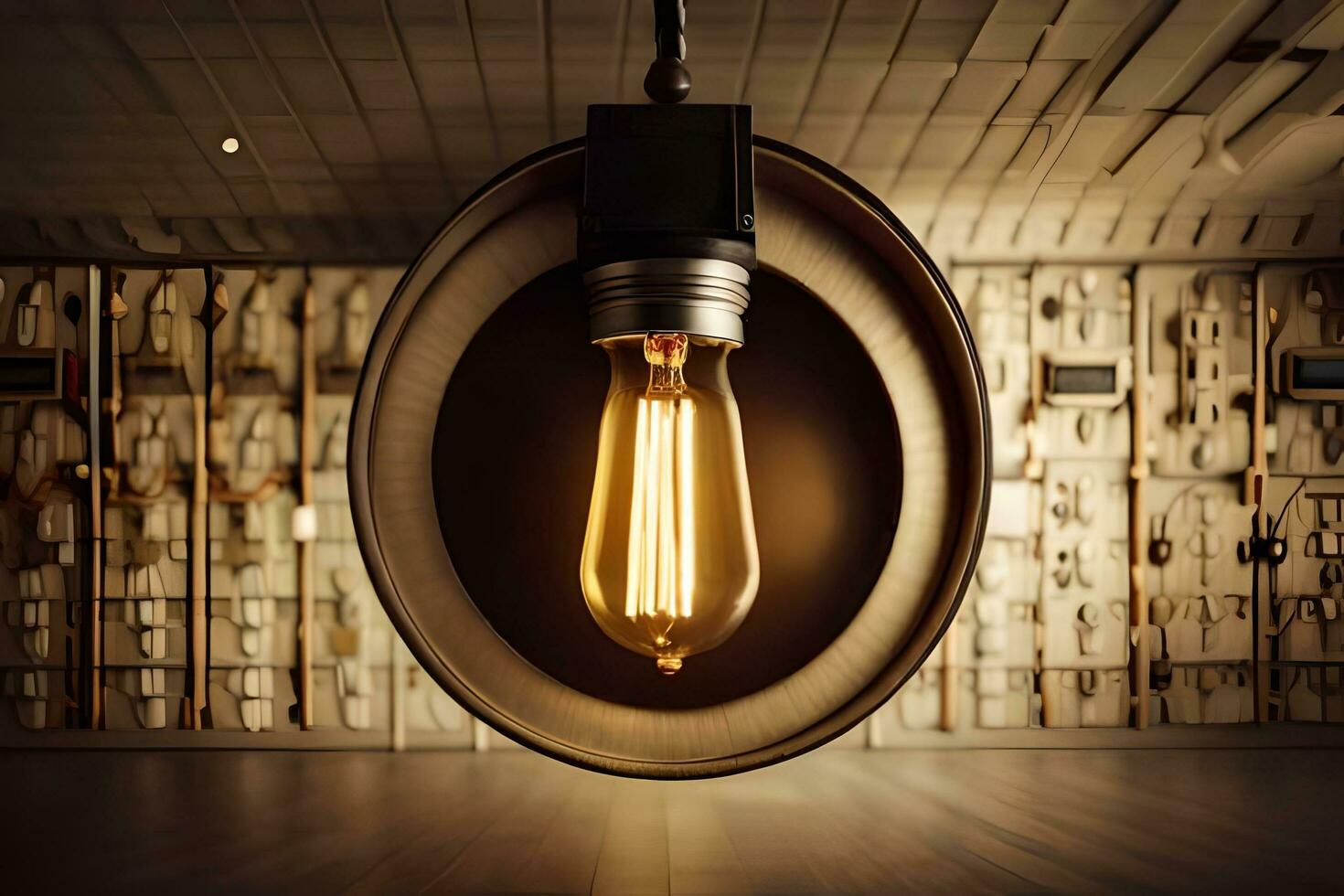 a light bulb is hanging from a ceiling in a room. AI-Generated photo
