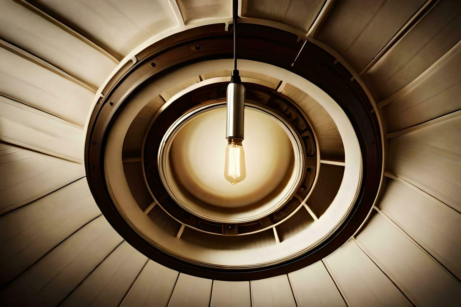 un ligero bulbo es colgando desde el techo de un espiral escalera. generado por ai foto