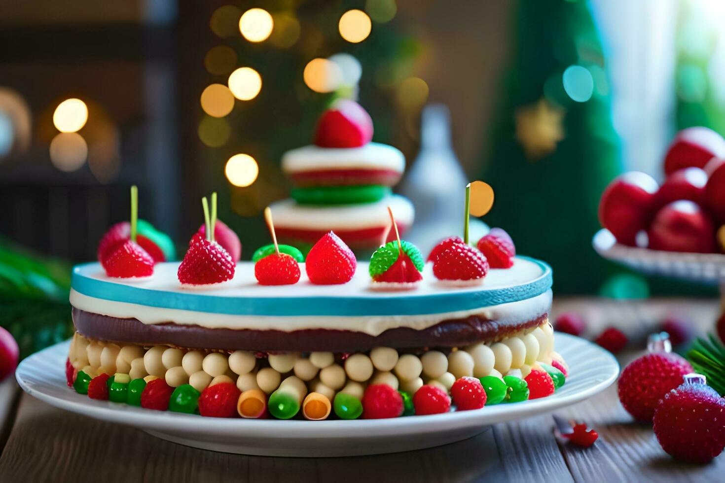 a christmas cake with strawberries and chocolate on a table. AI-Generated photo