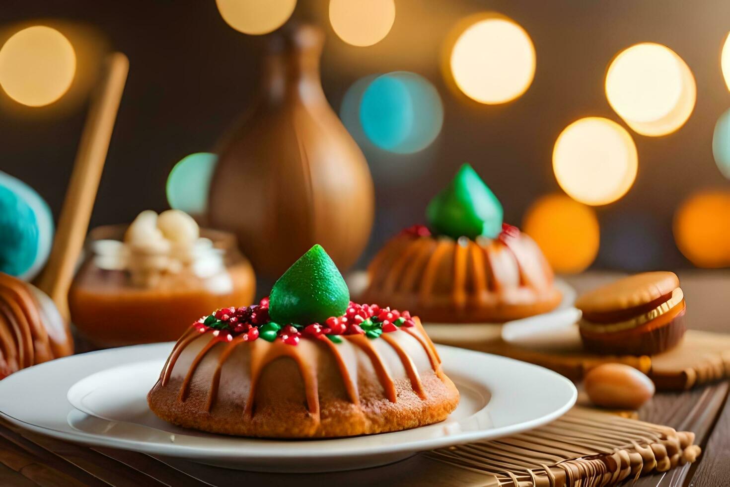christmas cakes on a plate with a light background. AI-Generated photo