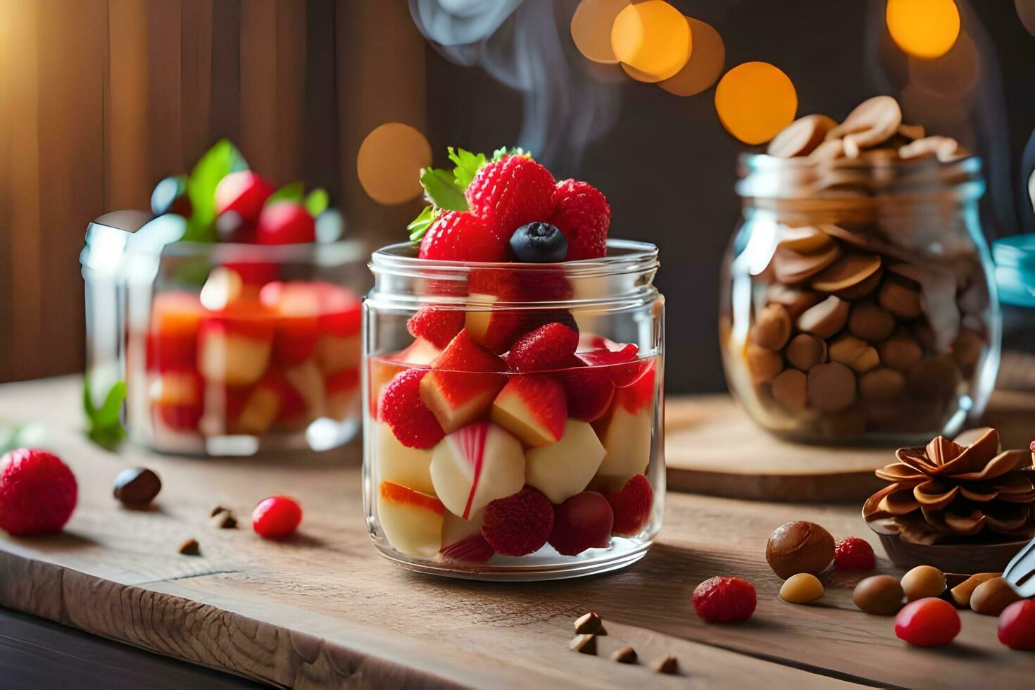 three jars with fruit and nuts on a wooden table. AI-Generated photo