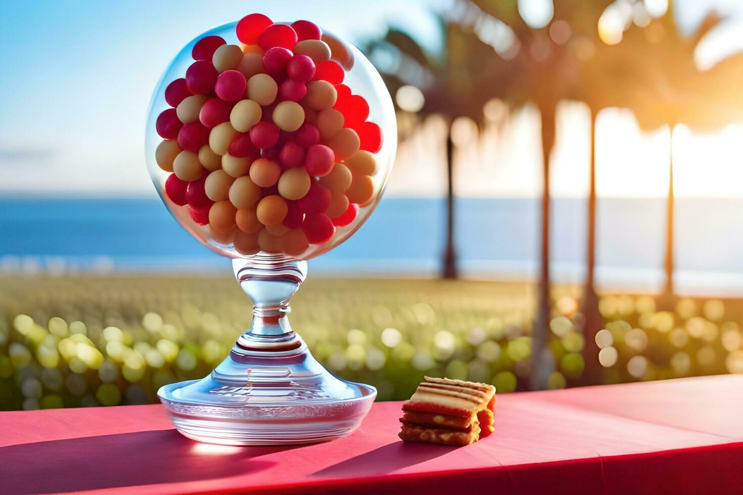 a glass vase filled with red and white candies on a table. AI-Generated photo