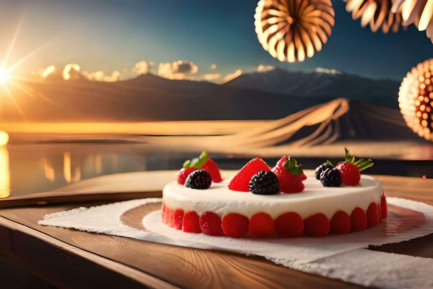 a cake with berries on top of a table. AI-Generated photo