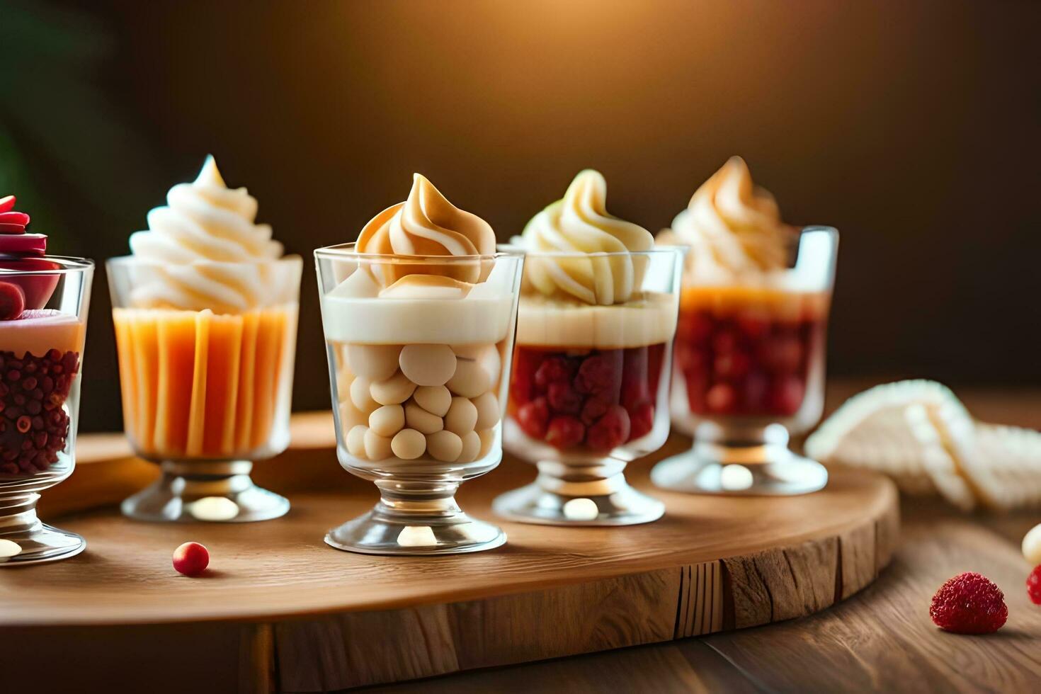 various desserts in small glasses on a wooden table. AI-Generated photo