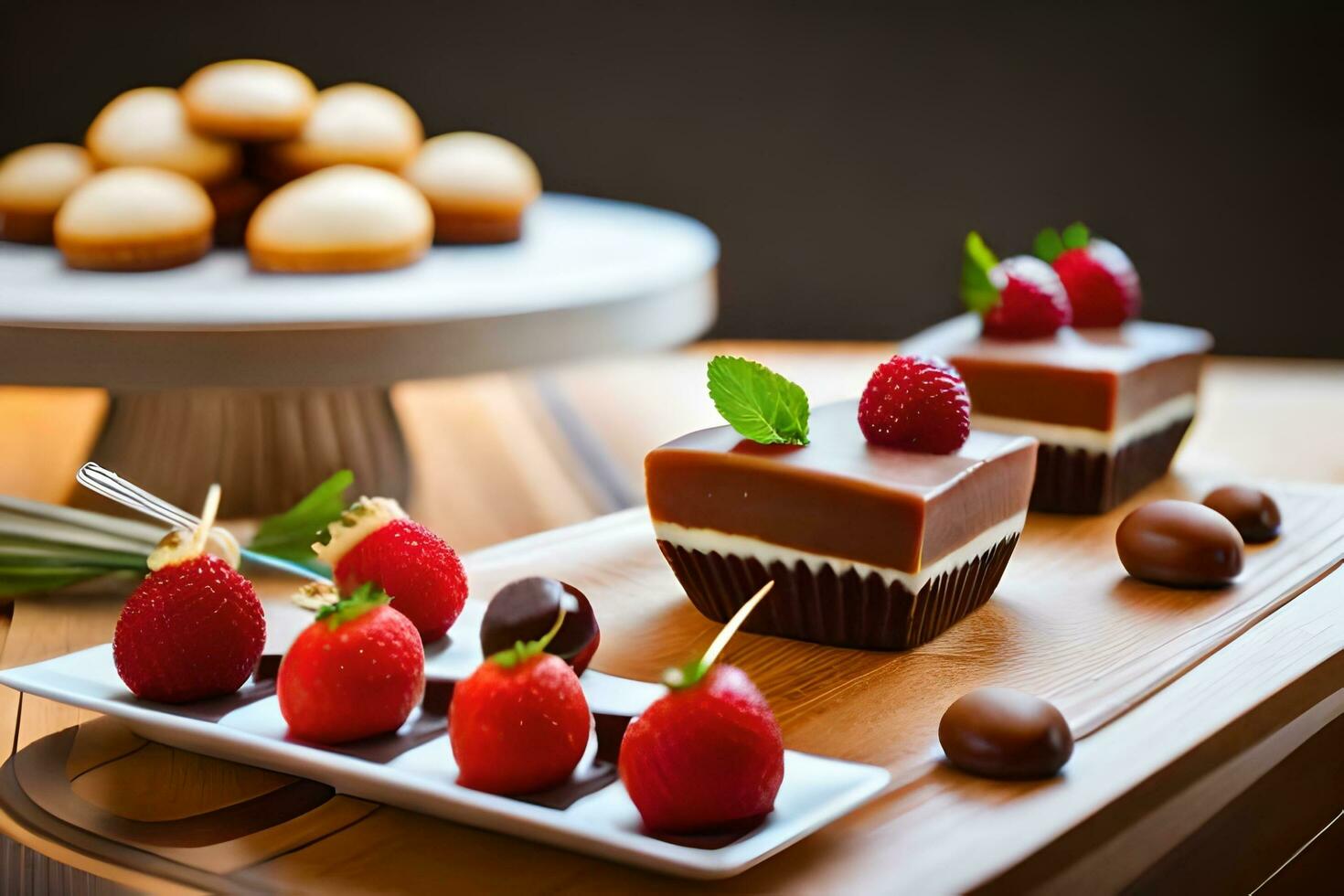 a wooden table topped with chocolate and strawberries. AI-Generated photo