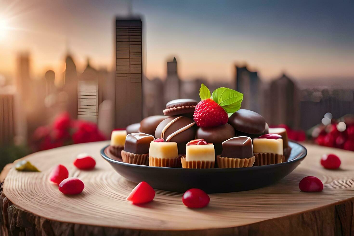 chocolate cake with berries and cherries on top of a wooden table. AI-Generated photo