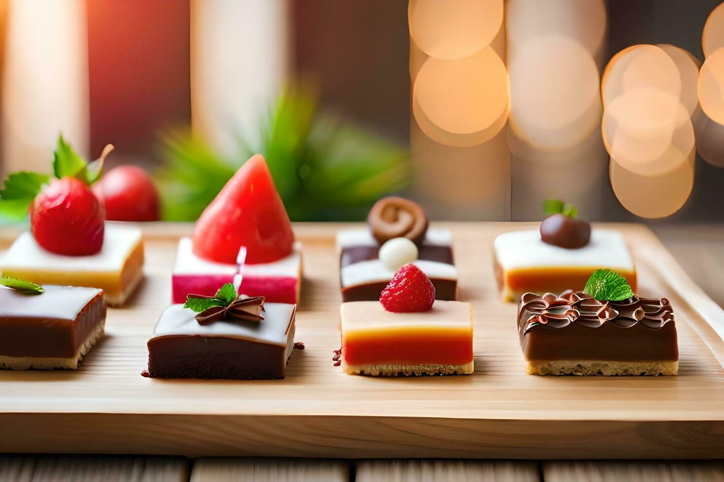 a wooden tray with various desserts on it. AI-Generated photo