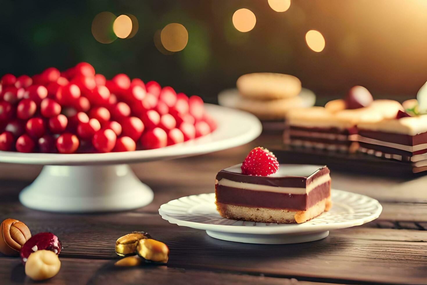 various desserts on a table with a christmas tree in the background. AI-Generated photo