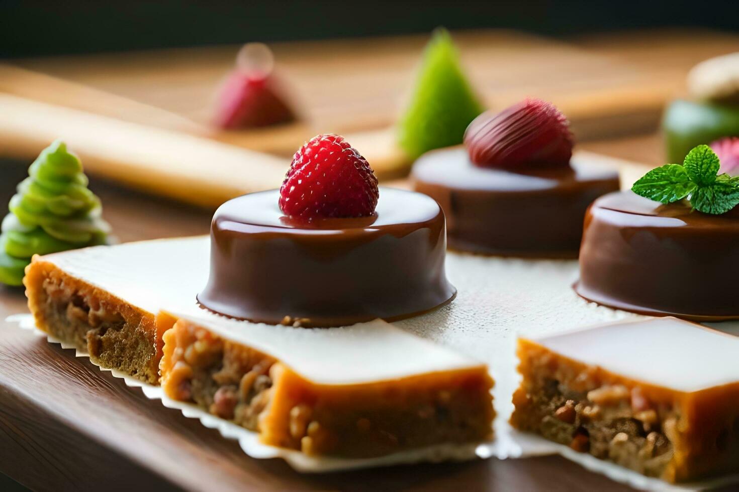 chocolate desserts on a wooden tray with fruit. AI-Generated photo