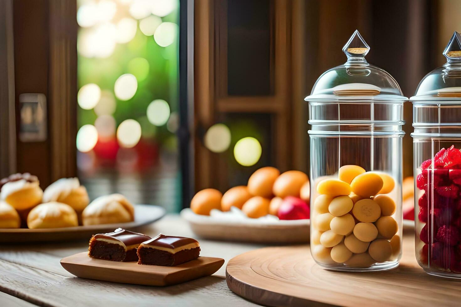 two jars with different types of food on a table. AI-Generated photo