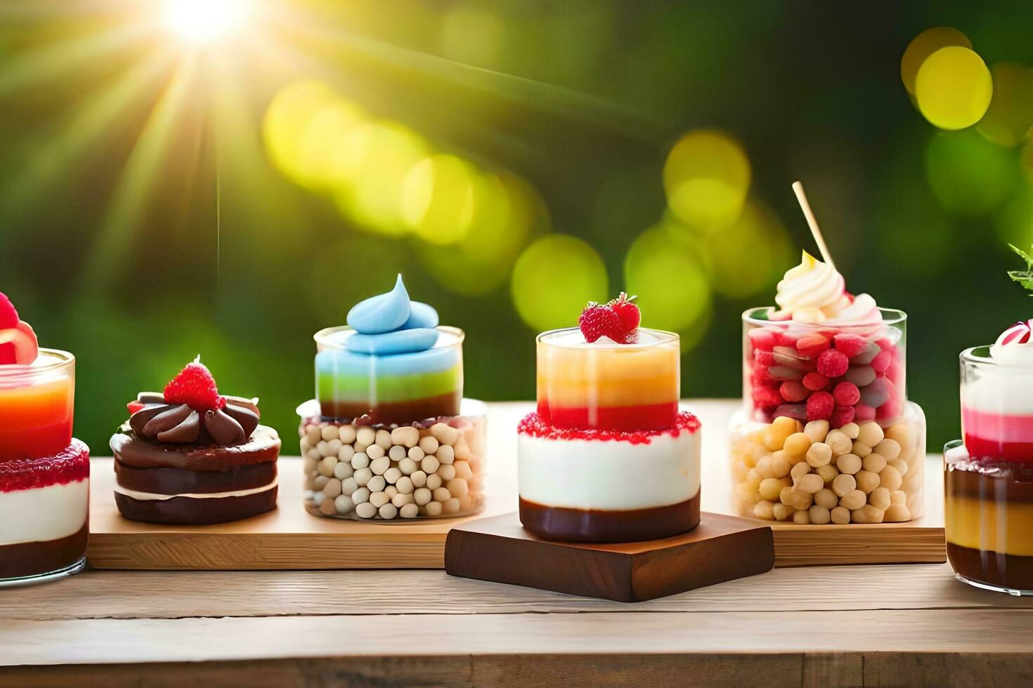 various desserts in glass jars on wooden table. AI-Generated photo