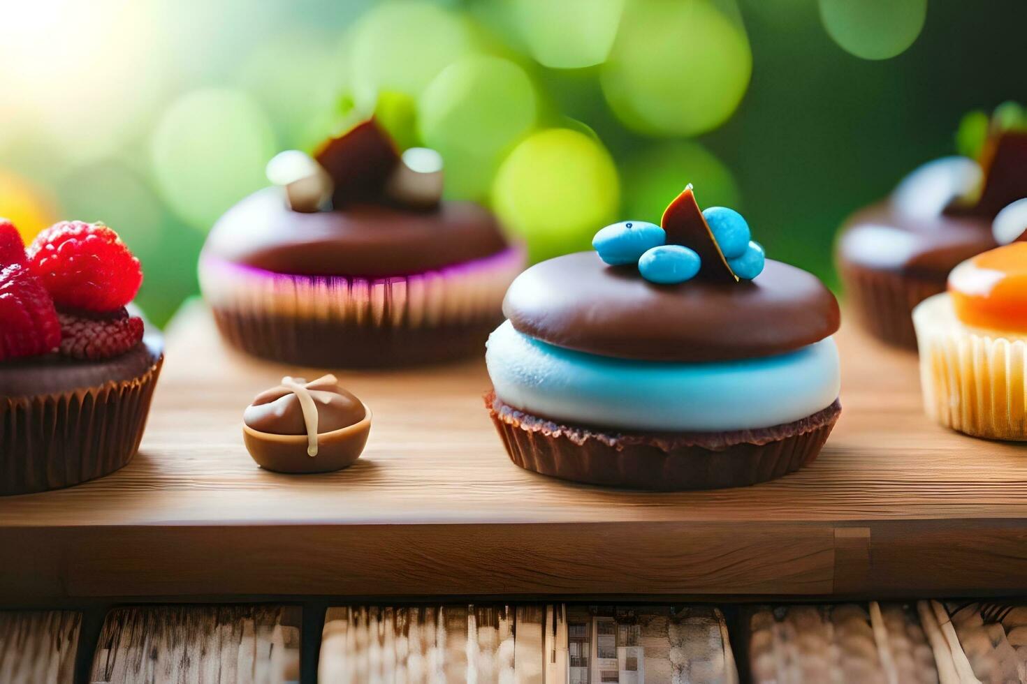 chocolate cupcakes on a wooden tray with berries. AI-Generated photo