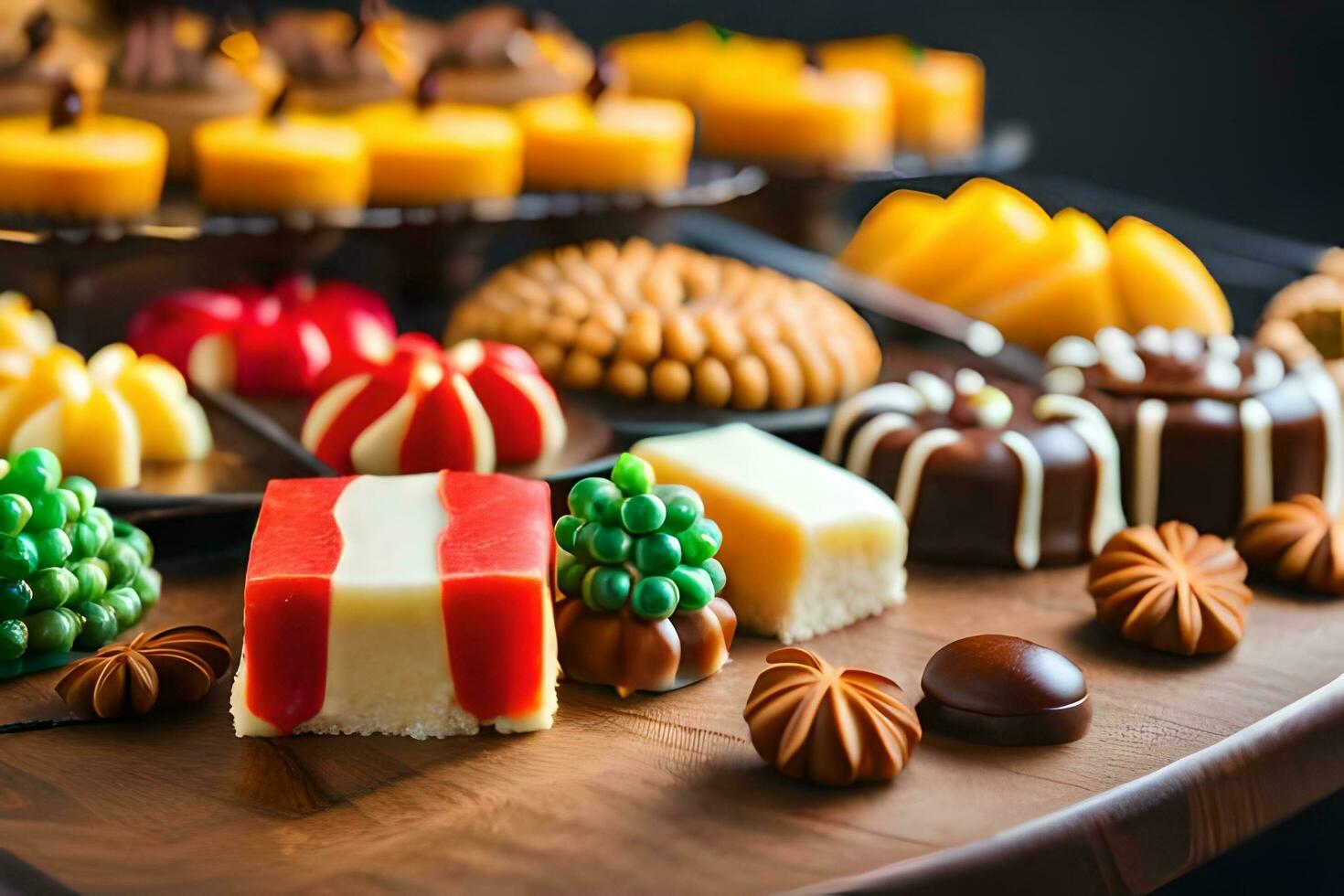 various types of chocolates and desserts on a table. AI-Generated photo