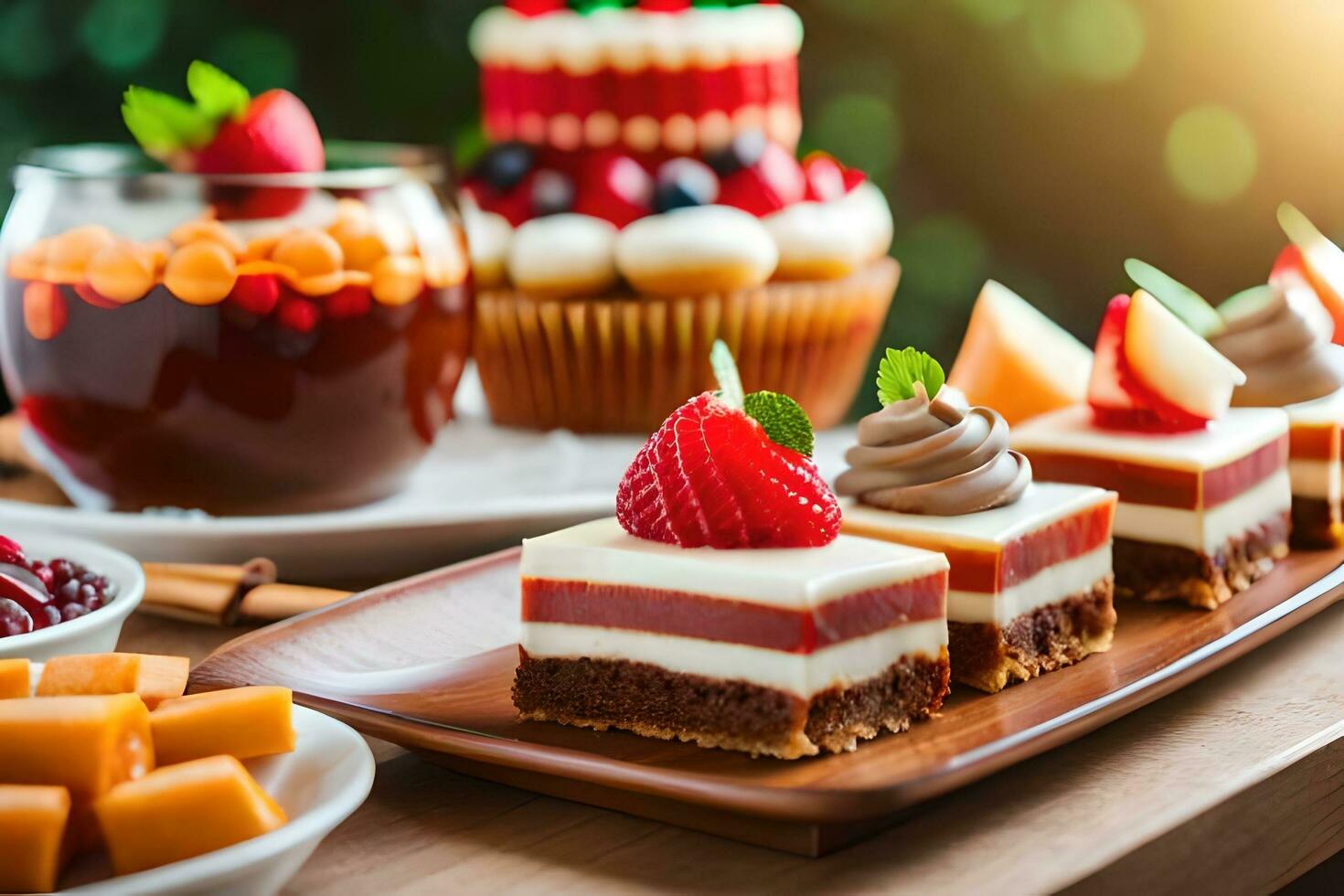 a table with various desserts and drinks. AI-Generated photo