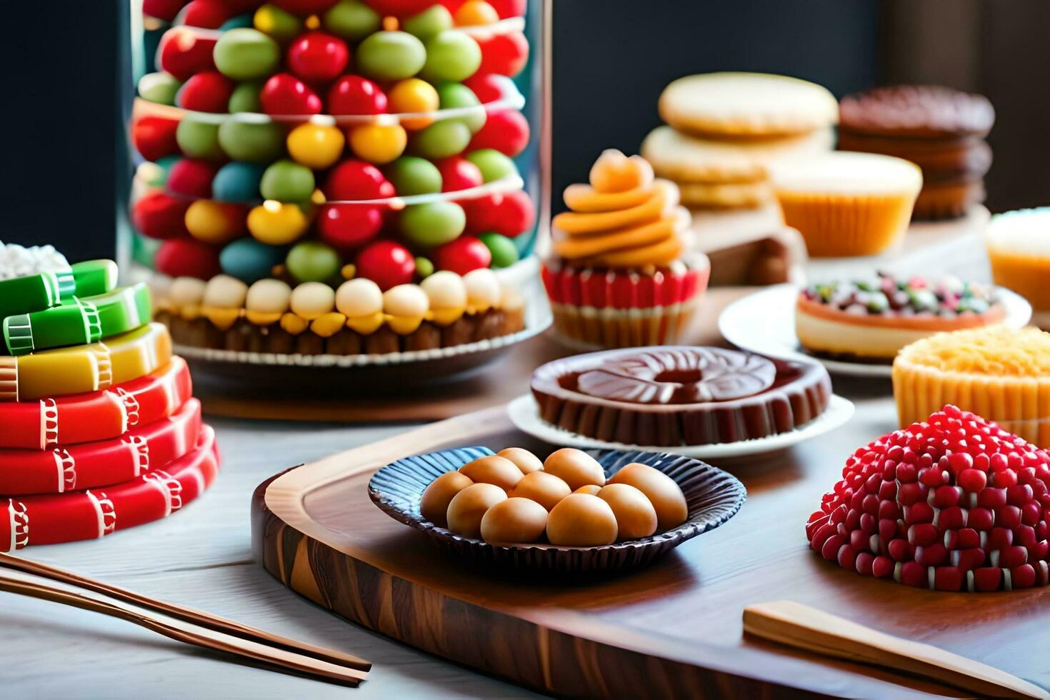 un mesa con varios tipos de dulces y postres generado por ai foto