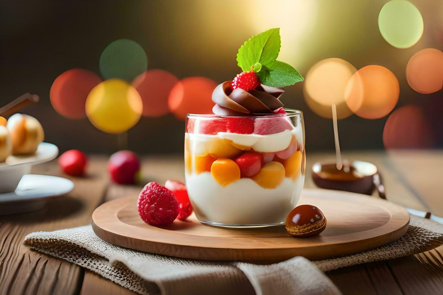 a dessert with fruit and chocolate on a wooden table. AI-Generated photo