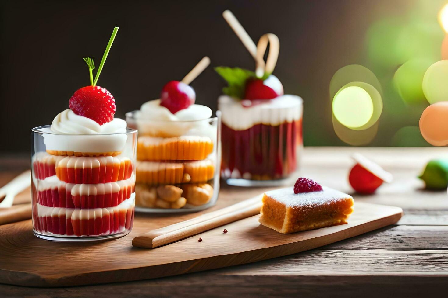three desserts in glasses on a wooden table. AI-Generated photo