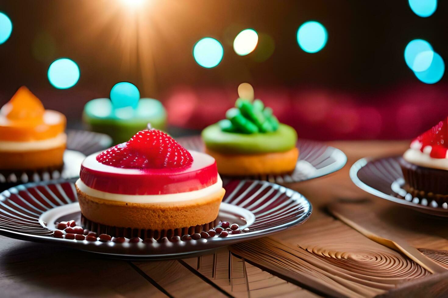 several cakes are sitting on a table with lights. AI-Generated photo