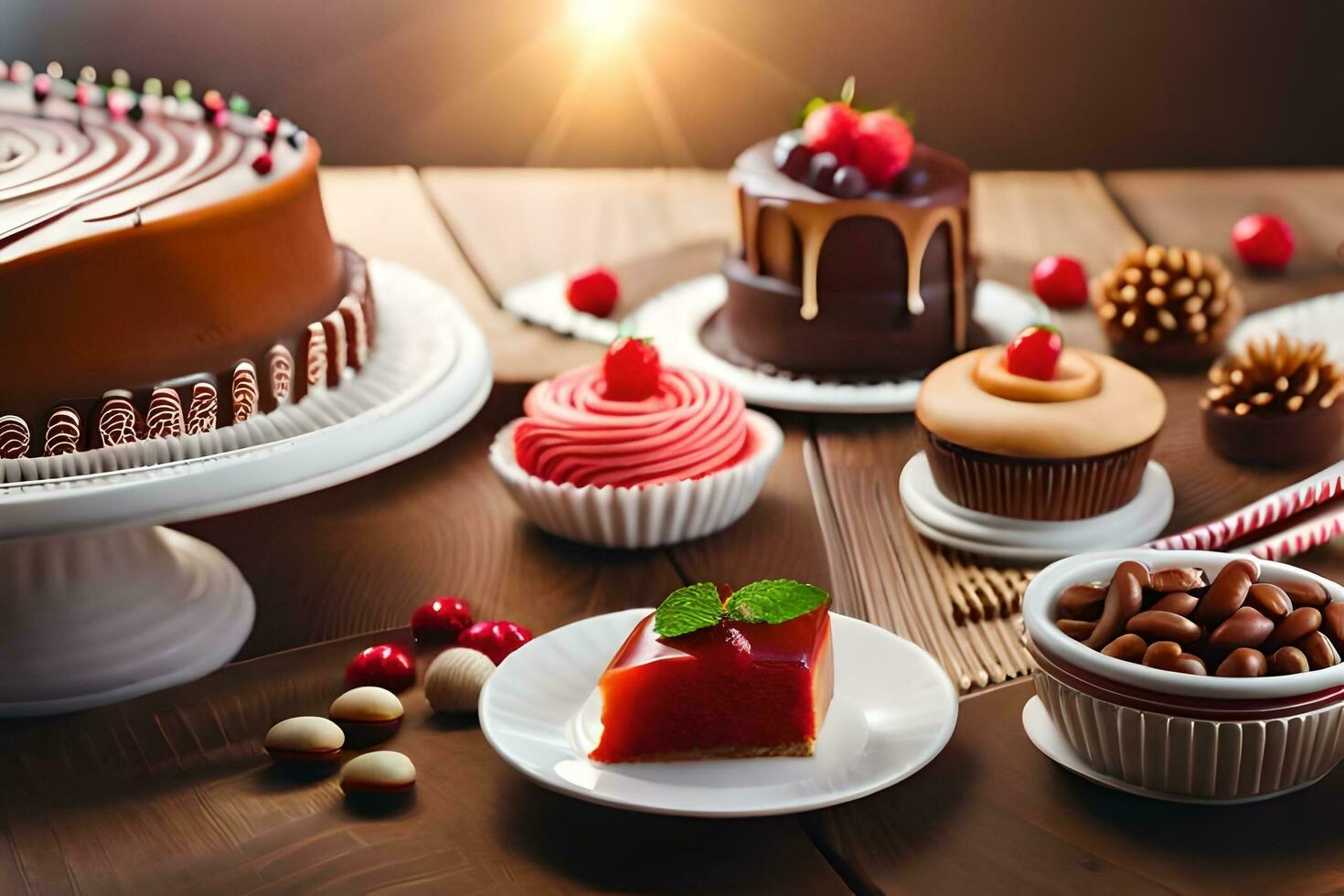 a table with various cakes and desserts. AI-Generated photo